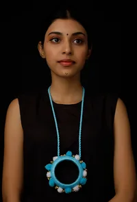 Sky Blue Pom Pom Handcrafted Necklace image 1