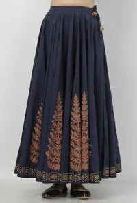Indigo Blue Leaves Hand-Block Printed Tasseled Cotton Gathered Kali Skirt image 1