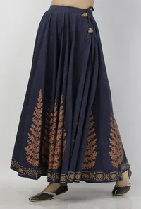 Indigo Blue Leaves Hand-Block Printed Tasseled Cotton Gathered Kali Skirt image 2