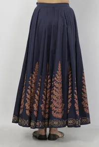 Indigo Blue Leaves Hand-Block Printed Tasseled Cotton Gathered Kali Skirt image 3