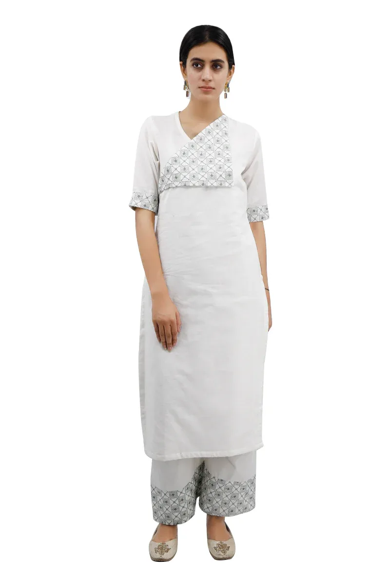White Cotton Kurta With Green Kantha Embroidery