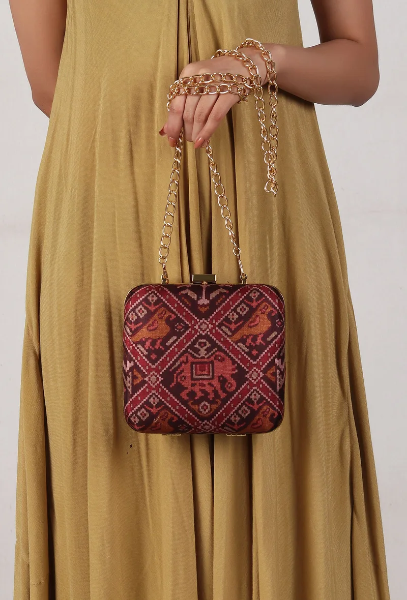 Gulab Maroon & Multi Patola Print Square Box Clutch