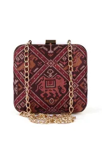 Gulab Maroon & Multi Patola Print Square Box Clutch image 3