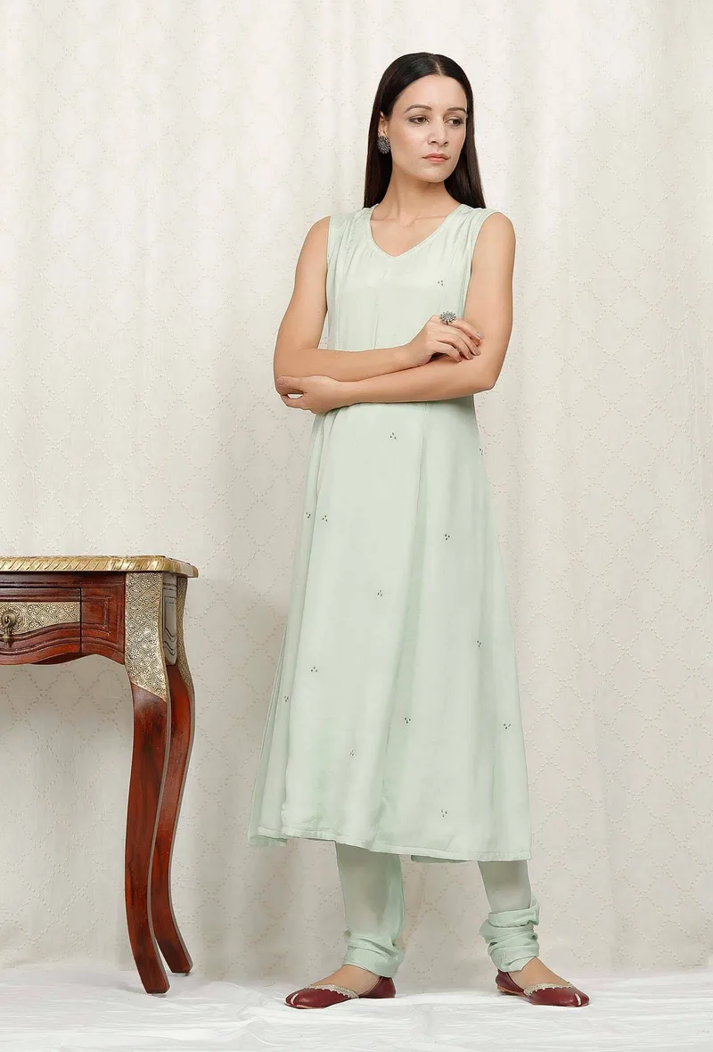 Mint Green Embroidered Chinon Kurta