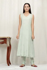 Mint Green Embroidered Chinon Kurta image 2