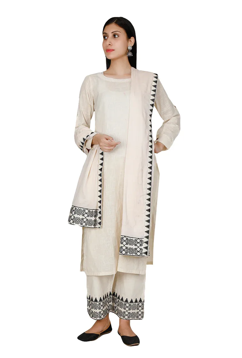 Set Of 3: Off white Cotton Straight kurta and Pant with Thoda Embroidered Dupatta