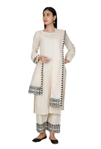 Set Of 3: Off white Cotton Straight kurta and Pant with Thoda Embroidered Dupatta image 1