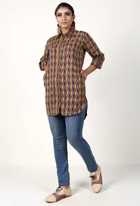Indigo Blue And Mustard Striped Handloom Cotton Ikat Asymmetrical Shirt image 1