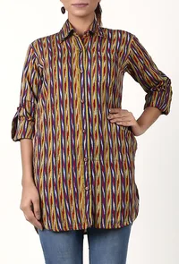 Indigo Blue And Mustard Striped Handloom Cotton Ikat Asymmetrical Shirt image 2