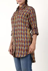 Indigo Blue And Mustard Striped Handloom Cotton Ikat Asymmetrical Shirt image 3