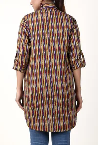 Indigo Blue And Mustard Striped Handloom Cotton Ikat Asymmetrical Shirt image 4