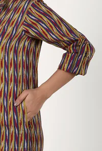Indigo Blue And Mustard Striped Handloom Cotton Ikat Asymmetrical Shirt image 5