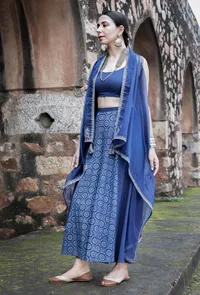 Urvi Indigo Blue Organza Front-Open Asymmetrical Zari Embroidered Shrug image 1