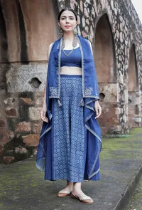 Urvi Indigo Blue Organza Front-Open Asymmetrical Zari Embroidered Shrug image 2