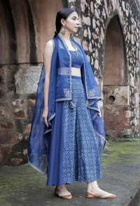 Urvi Indigo Blue Organza Front-Open Asymmetrical Zari Embroidered Shrug image 3