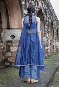 Urvi Indigo Blue Organza Front-Open Asymmetrical Zari Embroidered Shrug image 4