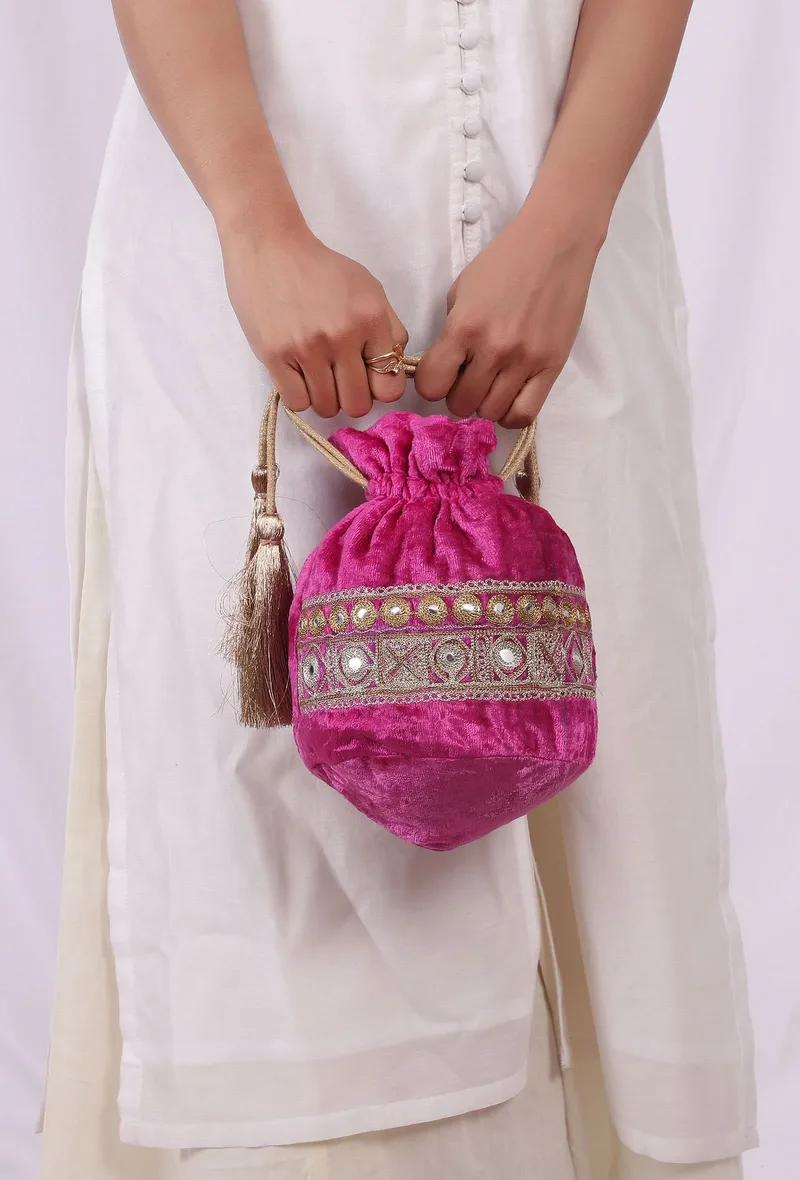 Plum Pink Velvet Tila Embroidery Potli