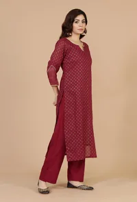 Set of 2: Maroon Hand Block Printed Straight Kurta with Solid Cotton Pants image 2