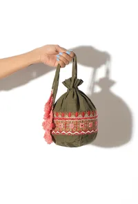 Mehandi Green Cotton Mirror Tassells Potli image 1