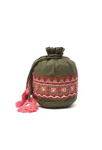 Mehandi Green Cotton Mirror Tassells Potli image 3