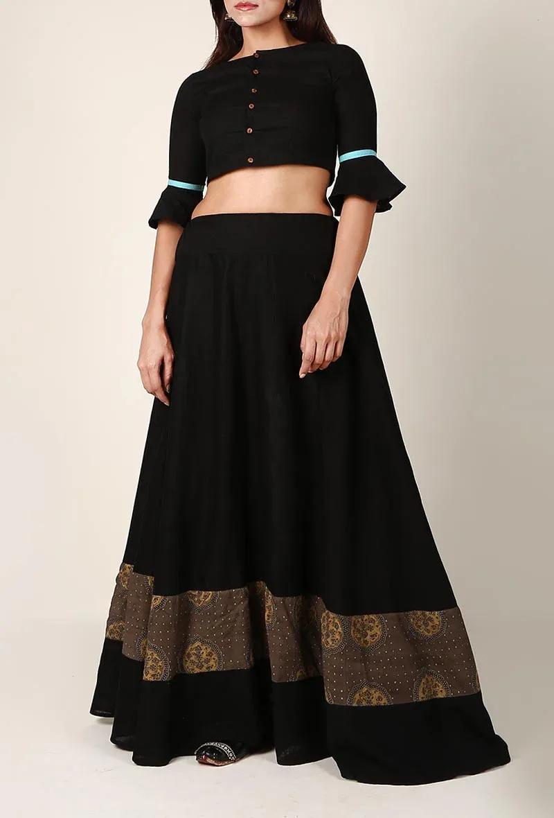 Black Cotton Skirt With Ajrakh Detailing