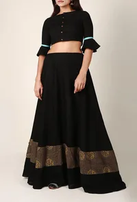 Black Cotton Skirt With Ajrakh Detailing image 1
