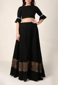 Black Cotton Skirt With Ajrakh Detailing image 2