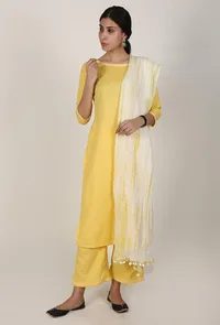 Set of 3 - Yellow Cotton Flex Kurta And Palazzo Set With Dupatta image 1