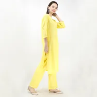 Set of 3 - Yellow Cotton Flex Kurta And Palazzo Set With Dupatta image 3