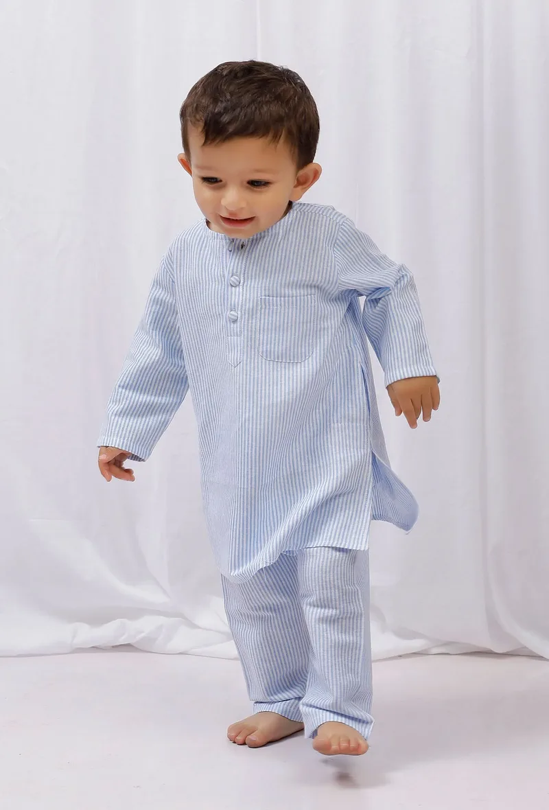 Set of 2: Blue Striped Cotton Kurta and Pajama Set