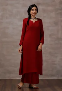 Red Straight Cashmilon Kurta image 2