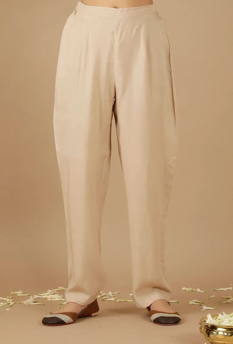 Beige Plain Rayon Straight Pants