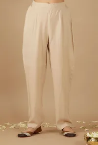 Beige Plain Rayon Straight Pants image 1