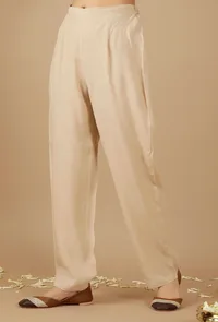 Beige Plain Rayon Straight Pants image 2