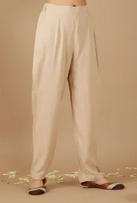 Beige Plain Rayon Straight Pants image 3