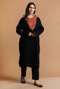 Smoky Black Kashmiri Sozni Embroidery Phiran-Free Size image 2