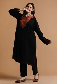 Smoky Black Kashmiri Sozni Embroidery Phiran-Free Size image 3