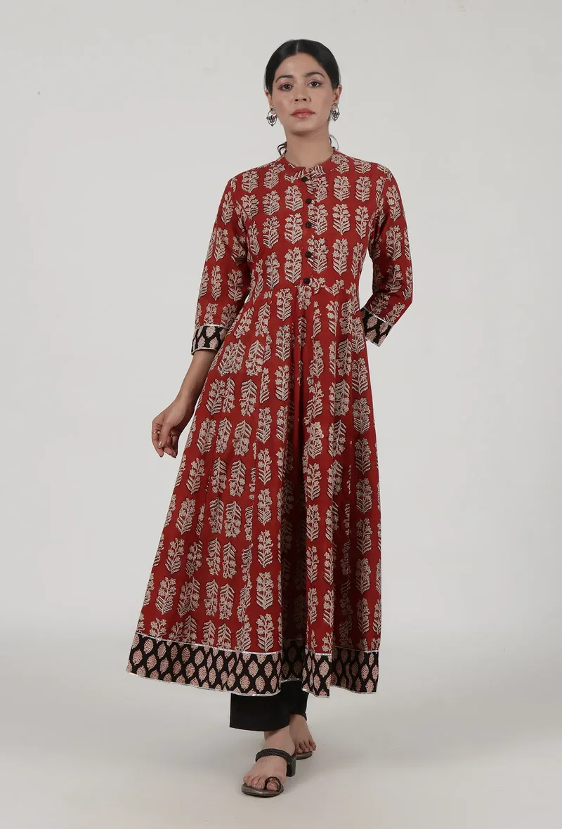 Ajrakh Printed Red Cotton Anarkali With White Motif