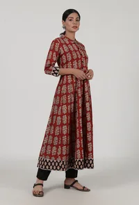 Ajrakh Printed Red Cotton Anarkali With White Motif image 3