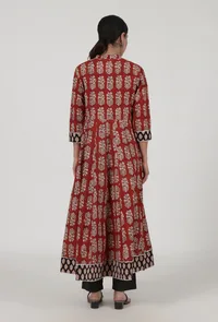 Ajrakh Printed Red Cotton Anarkali With White Motif image 4