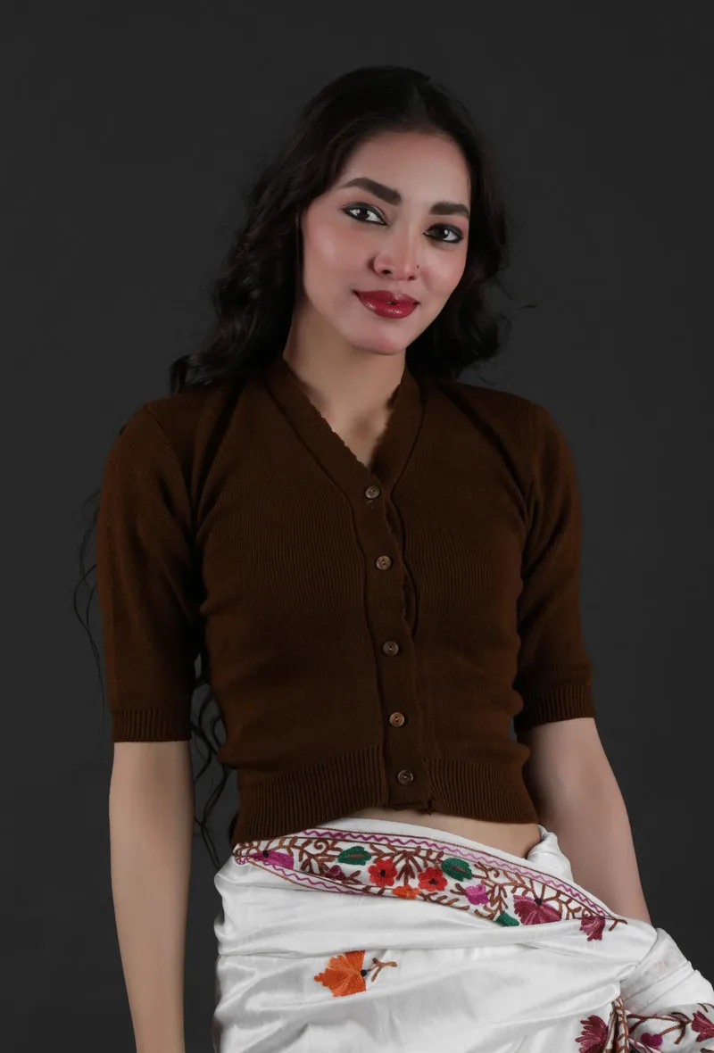 Gingerbread Brown Acrylic Cashmilon Knitted Crop Top Blouse