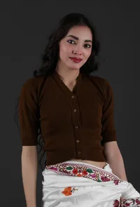 Gingerbread Brown Acrylic Cashmilon Knitted Crop Top Blouse image 1