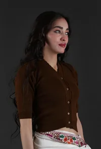 Gingerbread Brown Acrylic Cashmilon Knitted Crop Top Blouse image 2