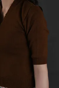 Gingerbread Brown Acrylic Cashmilon Knitted Crop Top Blouse image 4