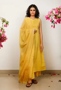 Set of 3: Yellow Solid flared sleeveless Cotton Kurta with Kota Dupatta and Solid Cotton Pants image 1