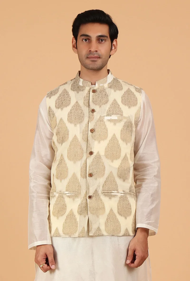 Cream Brocade Sleeveless Nehru Jacket