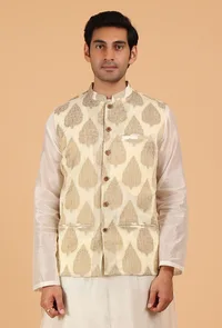 Cream Brocade Sleeveless Nehru Jacket image 1