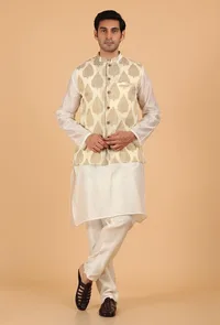 Cream Brocade Sleeveless Nehru Jacket image 2