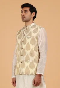 Cream Brocade Sleeveless Nehru Jacket image 3
