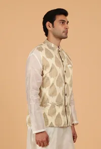 Cream Brocade Sleeveless Nehru Jacket image 4
